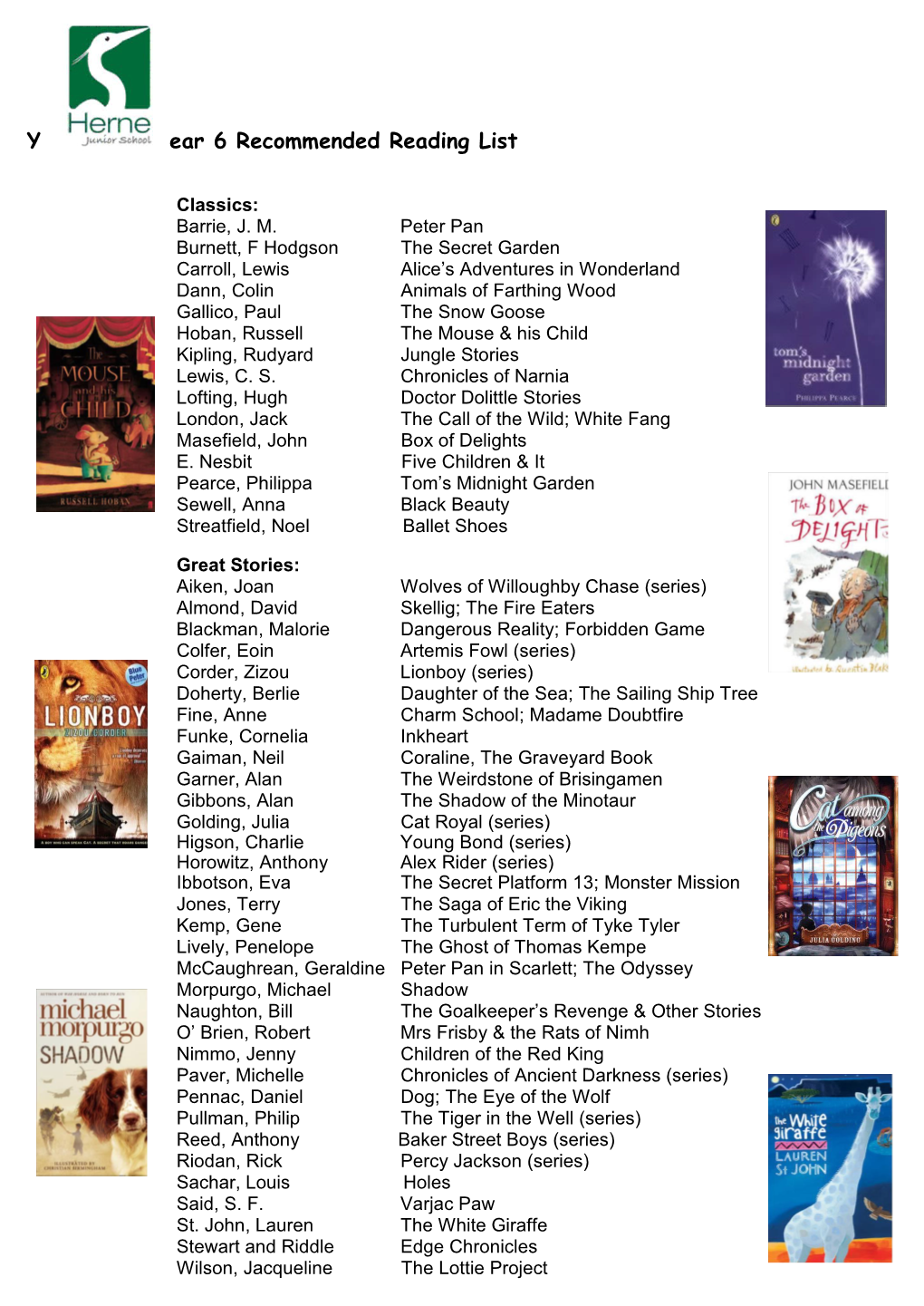 Year 6 Recommended Reading List