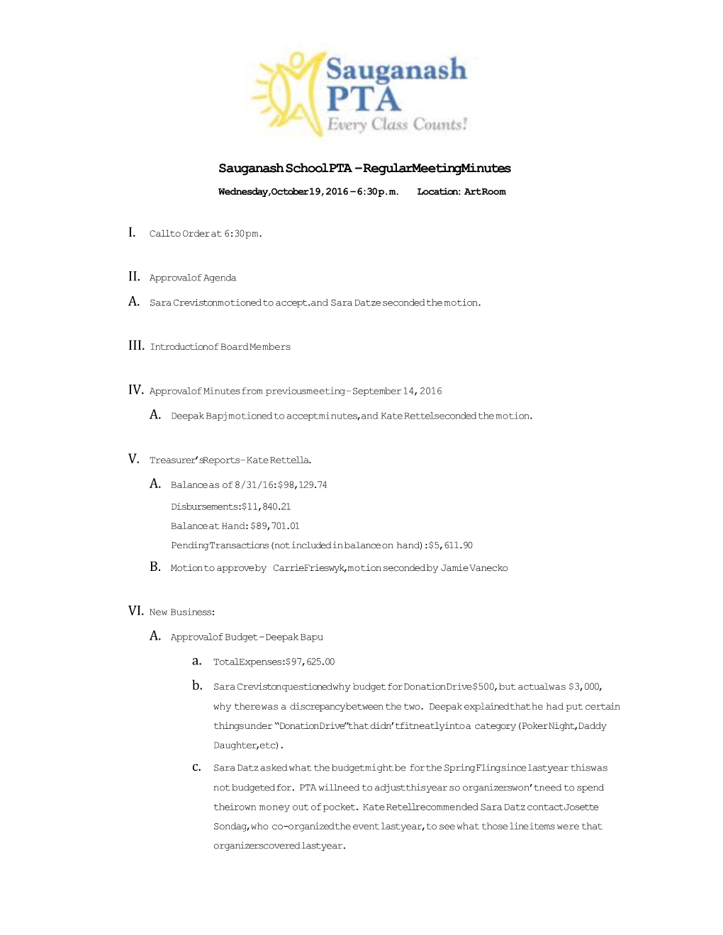 Sauganash School PTA Regular Meeting Minutes