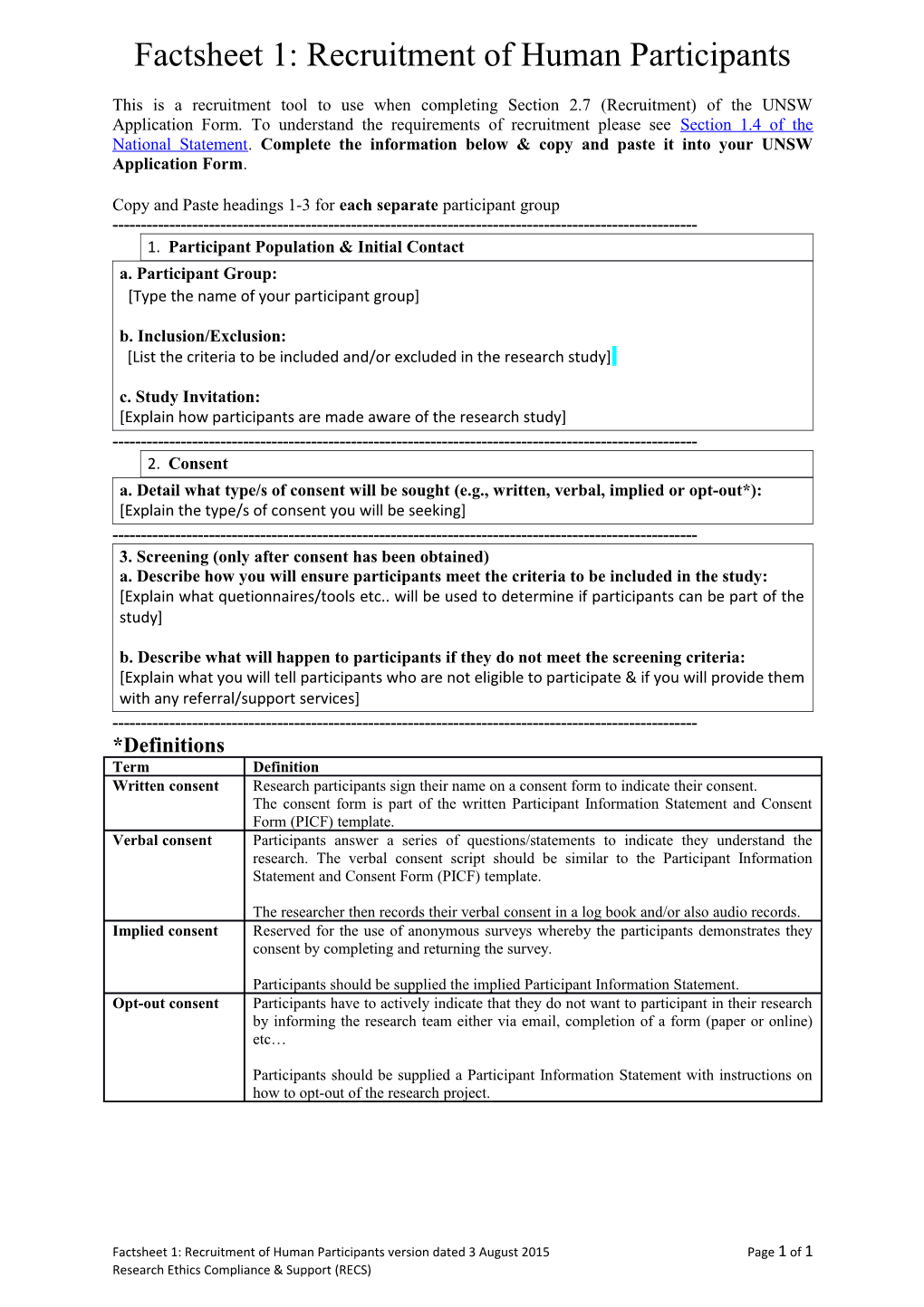 Factsheet 1: Recruitment of Human Participants