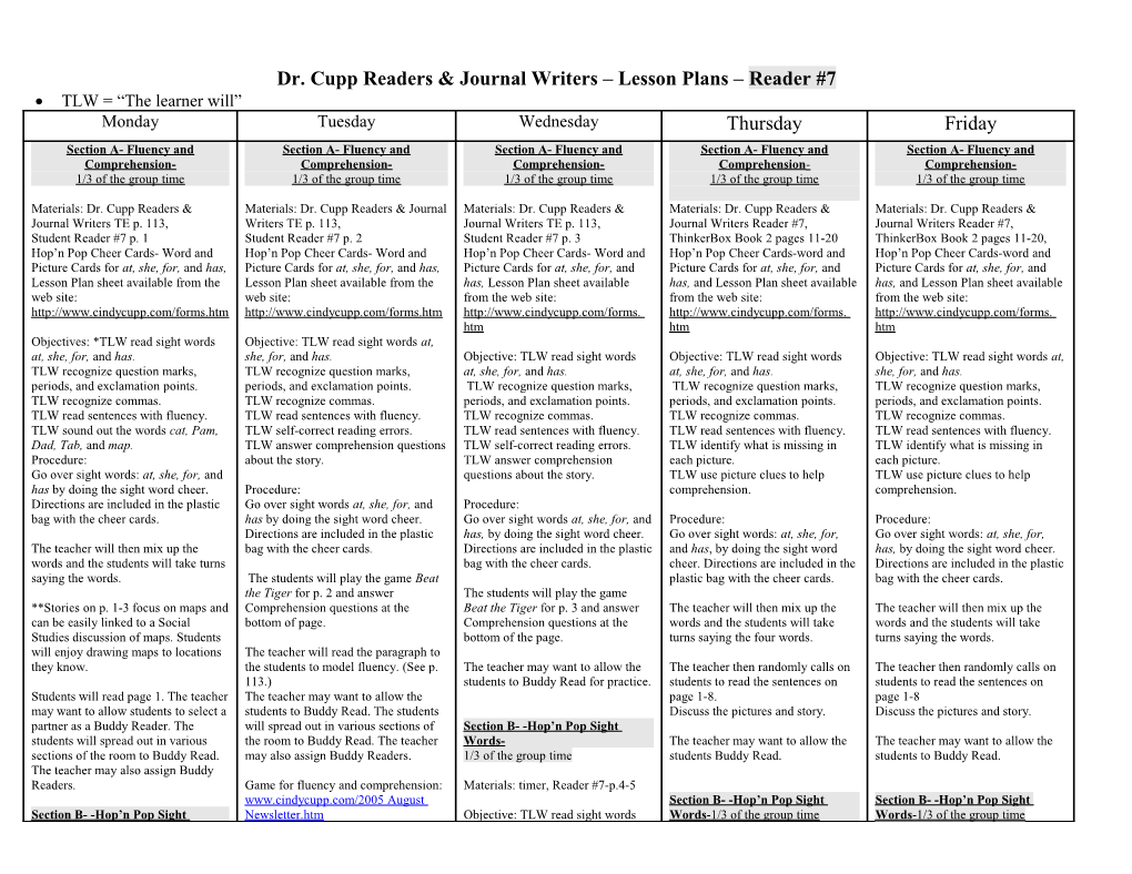 Dr. Cupp Readers & Journal Writers Lesson Plans Reader #7