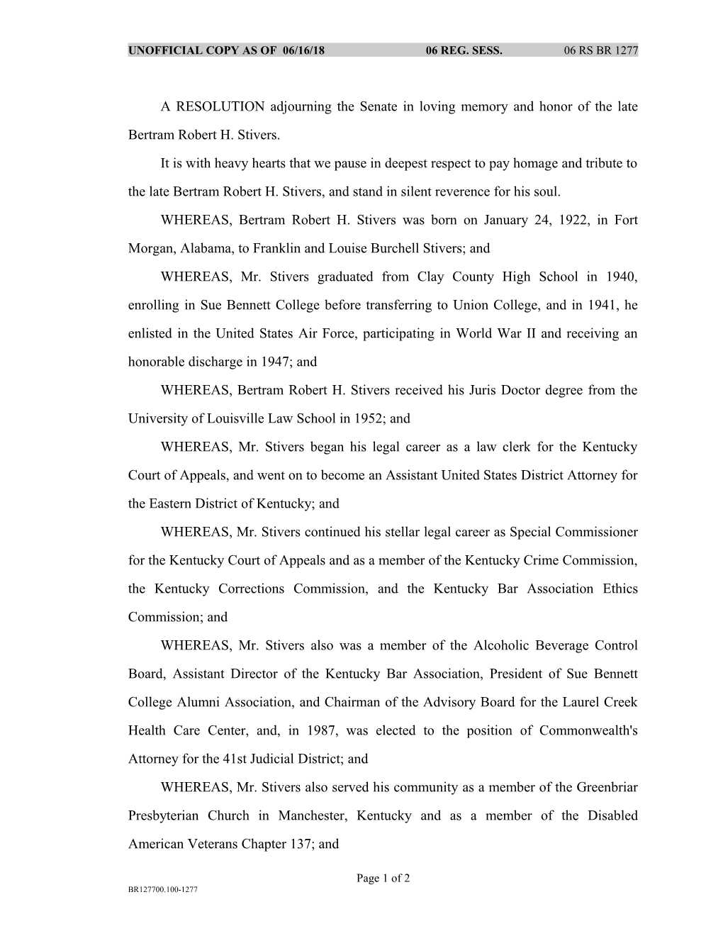 Unofficial Copy As of 01/10/06 06 Reg. Sess. 06 Rs Br 1277