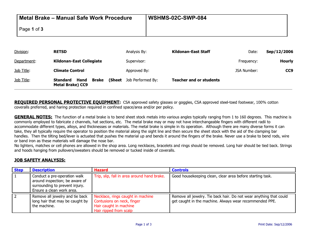 SWP-084 Metal Brake - Manual Safe Work Procedure