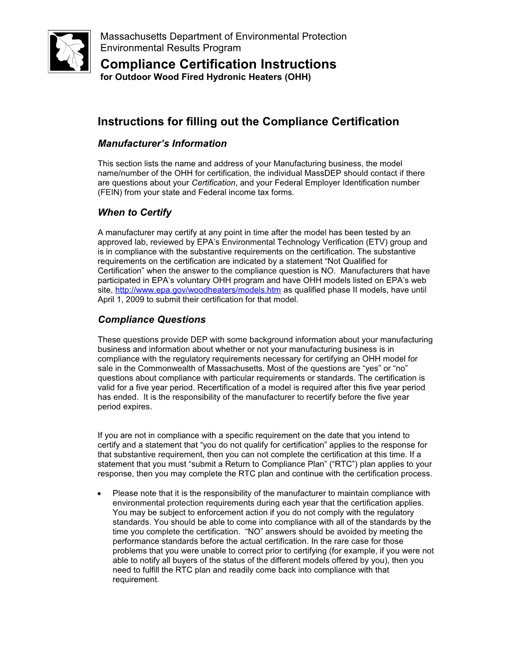 Instructions for Filling out the Compliance Certification