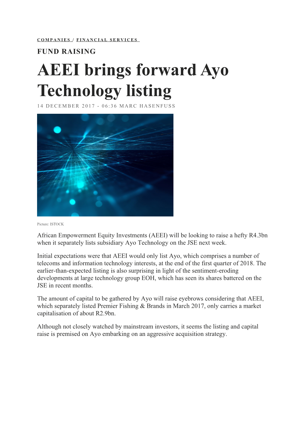 AEEI Brings Forward Ayo Technology Listing