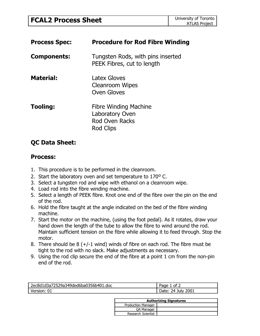 Process Spec: Procedure for Rod Fibre Winding
