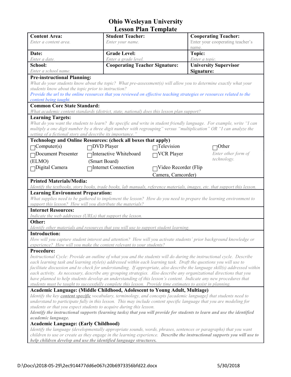 H: EDSHRD Forms Lessonplantemplate July2017 8/24/2017