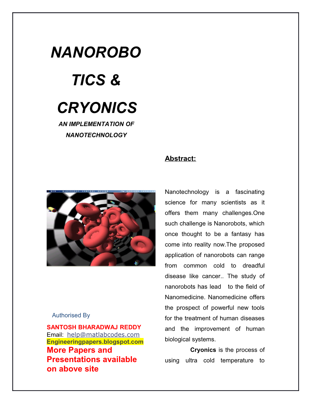 Nanorobotics & Cryonics an Implementation of Nanotechnology