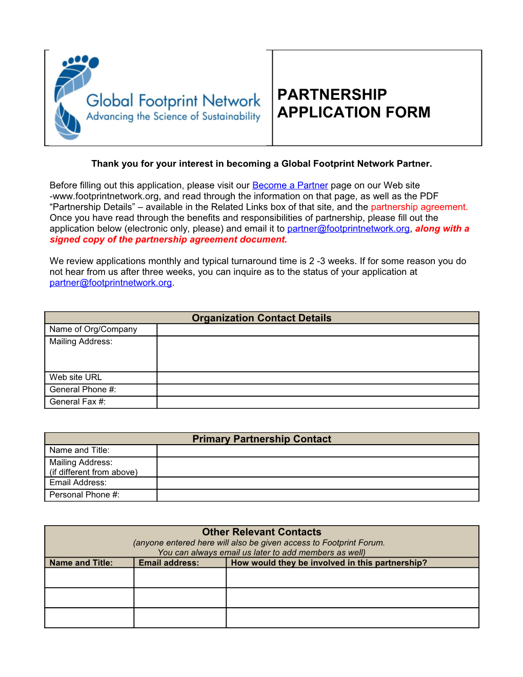 Thank You for Your Interest in Becoming a Global Footprint Network Partner