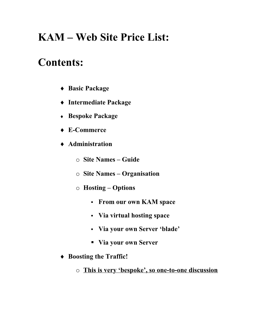 KAM Web Site Price List