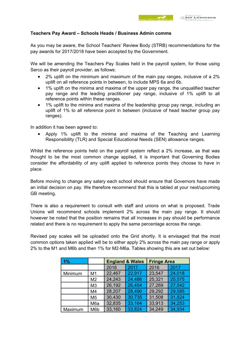 Teachers Pay Award Schools Heads / Business Admin Comms