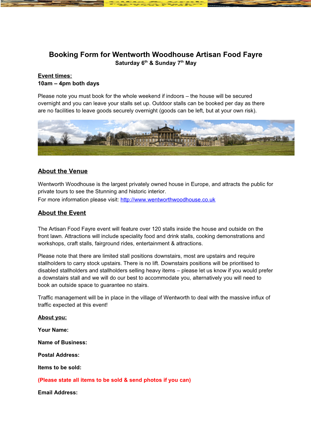 Booking Form for Wentworth Woodhouse Artisan Food Fayre Saturday 6Th & Sunday 7Th May