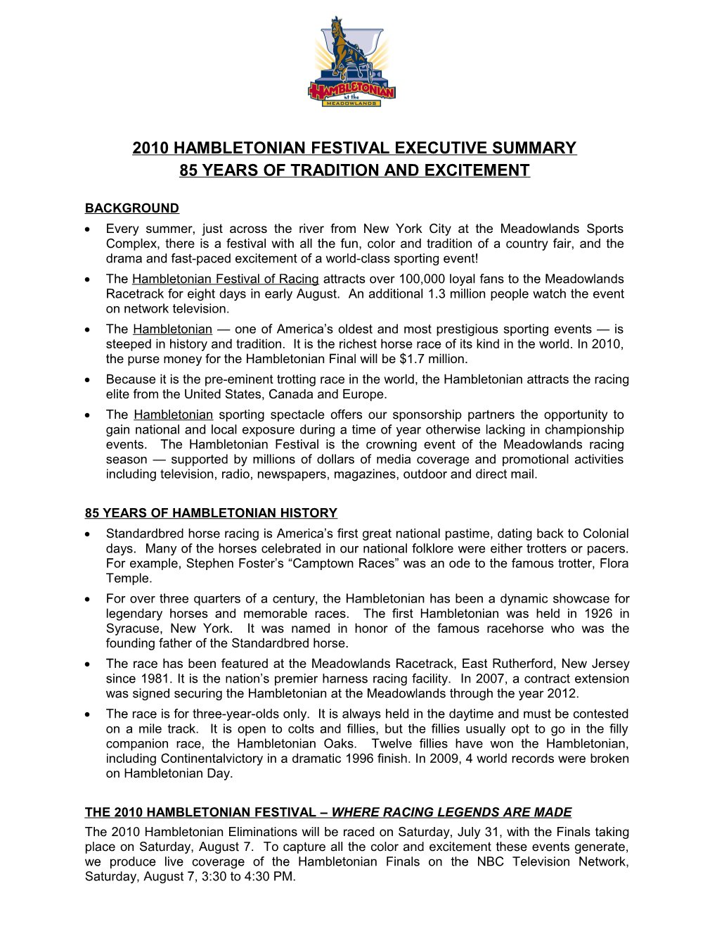 2010 Hambletonian Festival Executive Summary