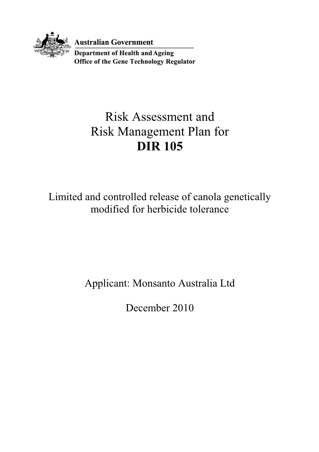 DIR 105 - Risk Assessment and Risk Management Plan