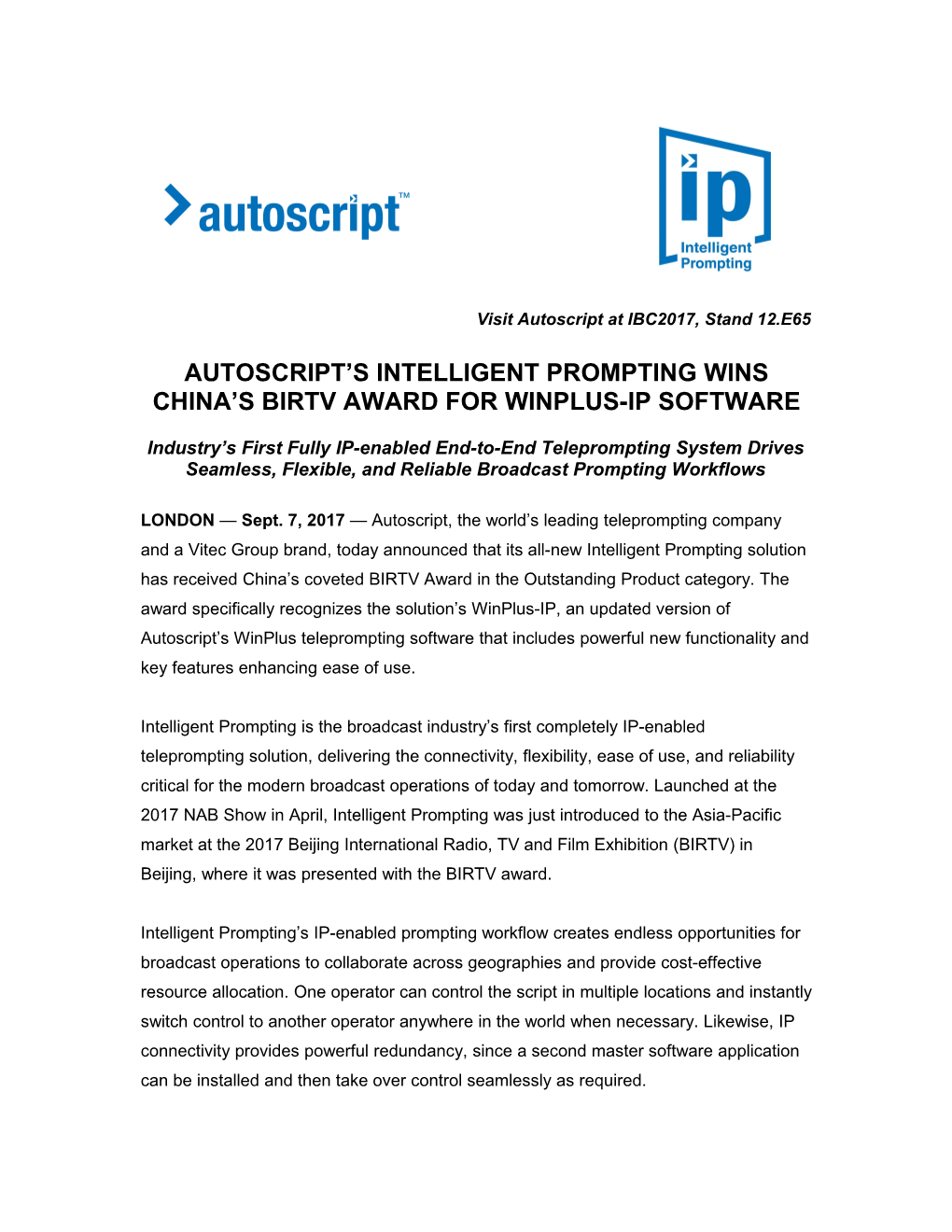Autoscript S Intelligent Prompting Wins CHINA S BIRTV Award for Winplus-IP SOFTWARE