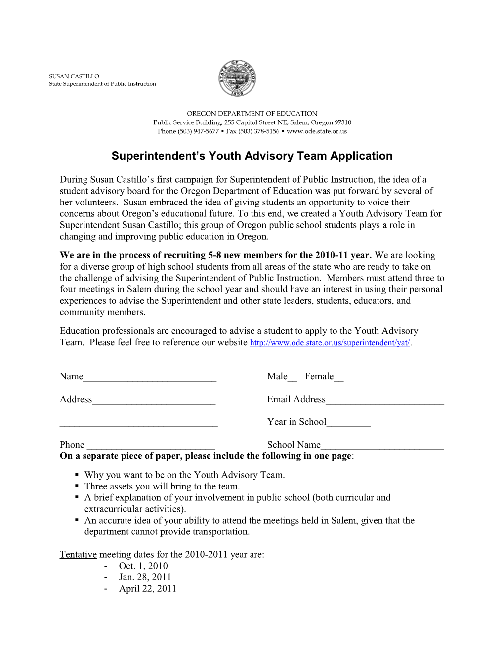 Superintendent S Youth Advisory Team Application