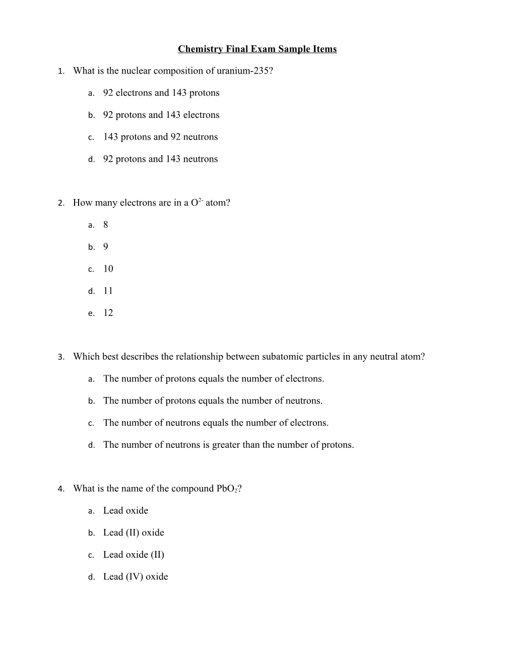 Chemistry Final Exam Sample Items