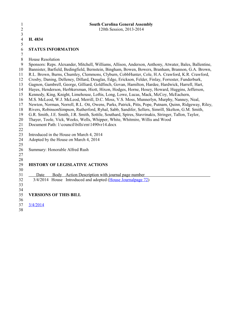 2013-2014 Bill 4834: Honorable Alfred Rush - South Carolina Legislature Online