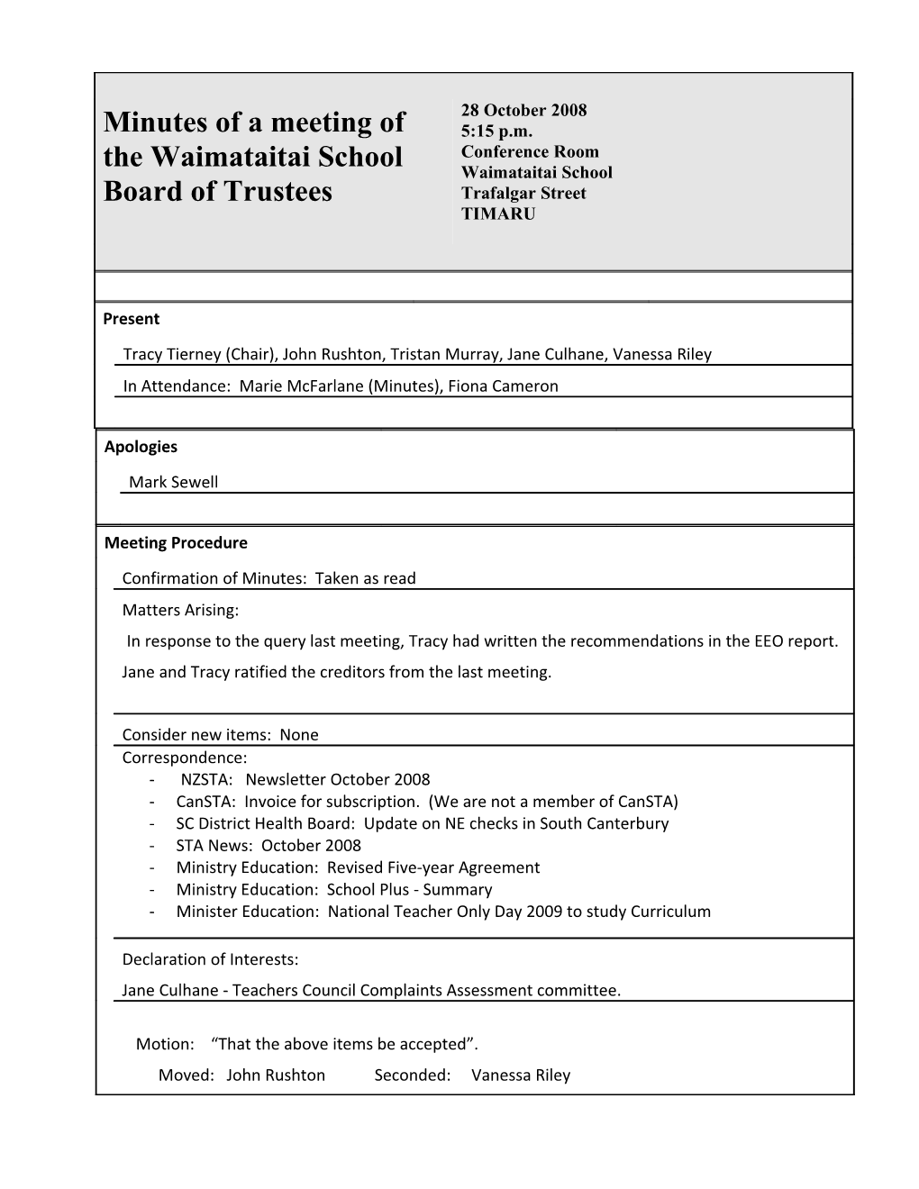 Minutes of a Meeting of the Waimataitai School Board of Trustees