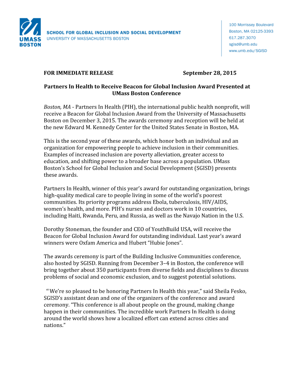 FOR IMMEDIATE RELEASE September 28, 2015