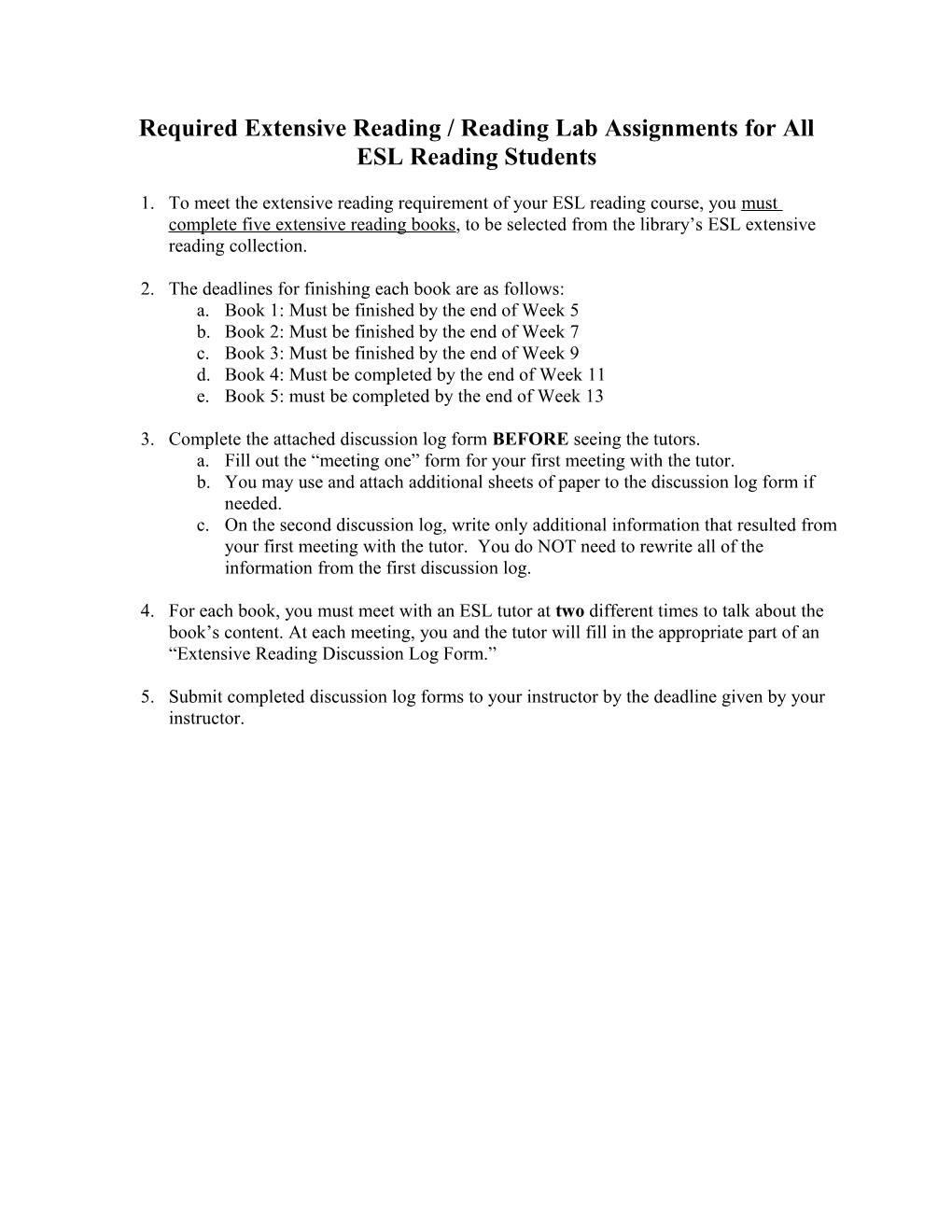 Required Extensive Reading / Reading Lab Assignments for All ESL Reading Students