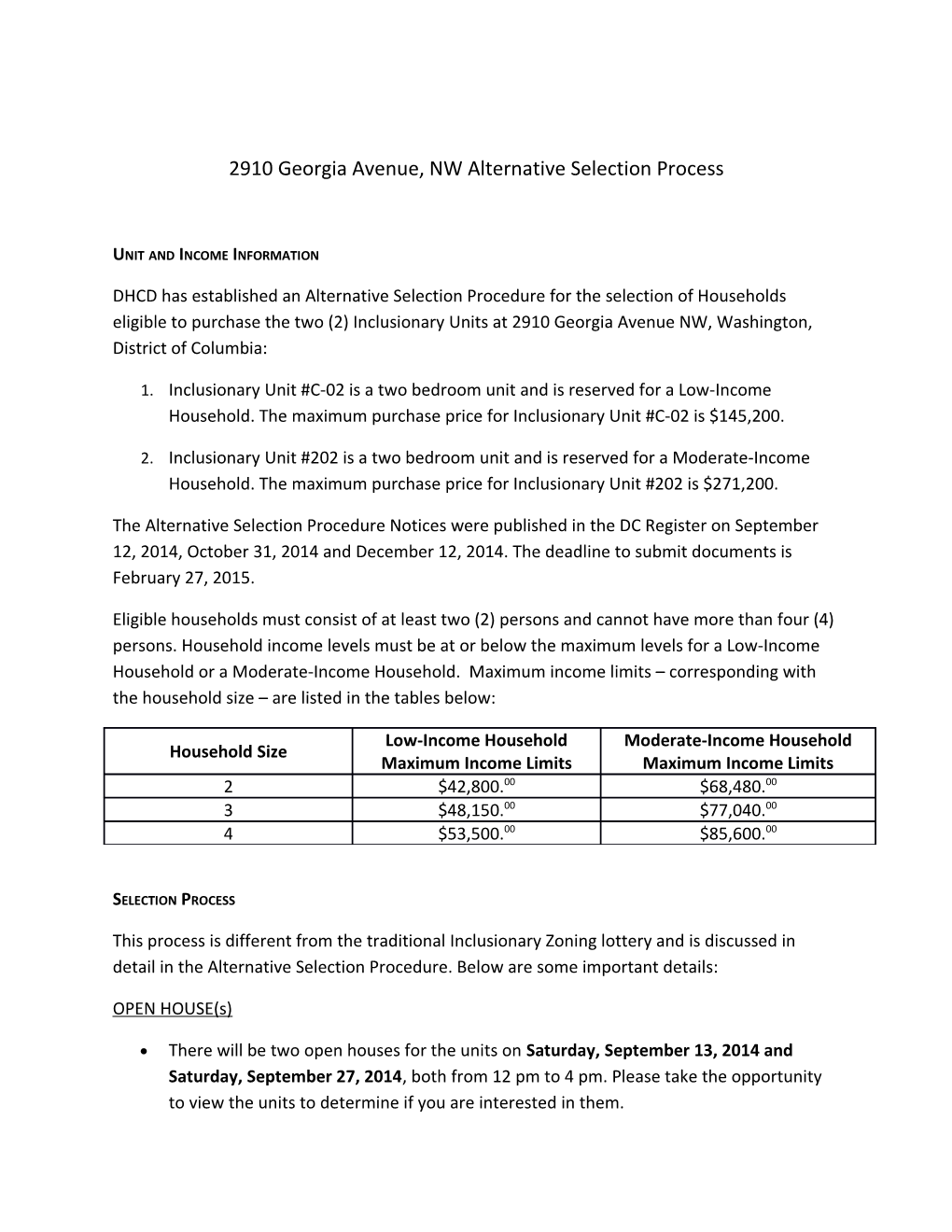 2910 Georgia Avenue, NW Alternative Selection Process