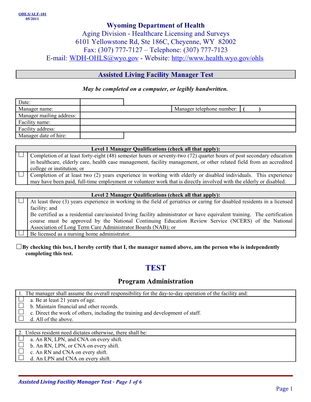 Assisted Living Facility Manager S Test