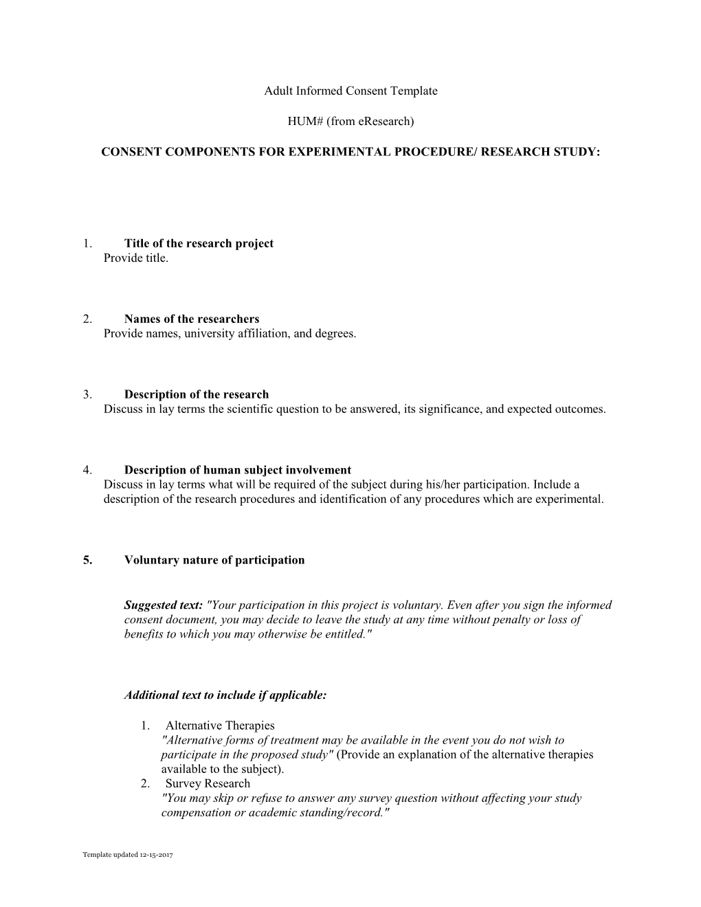 Consent Components for Experimental Procedure/ Research Study