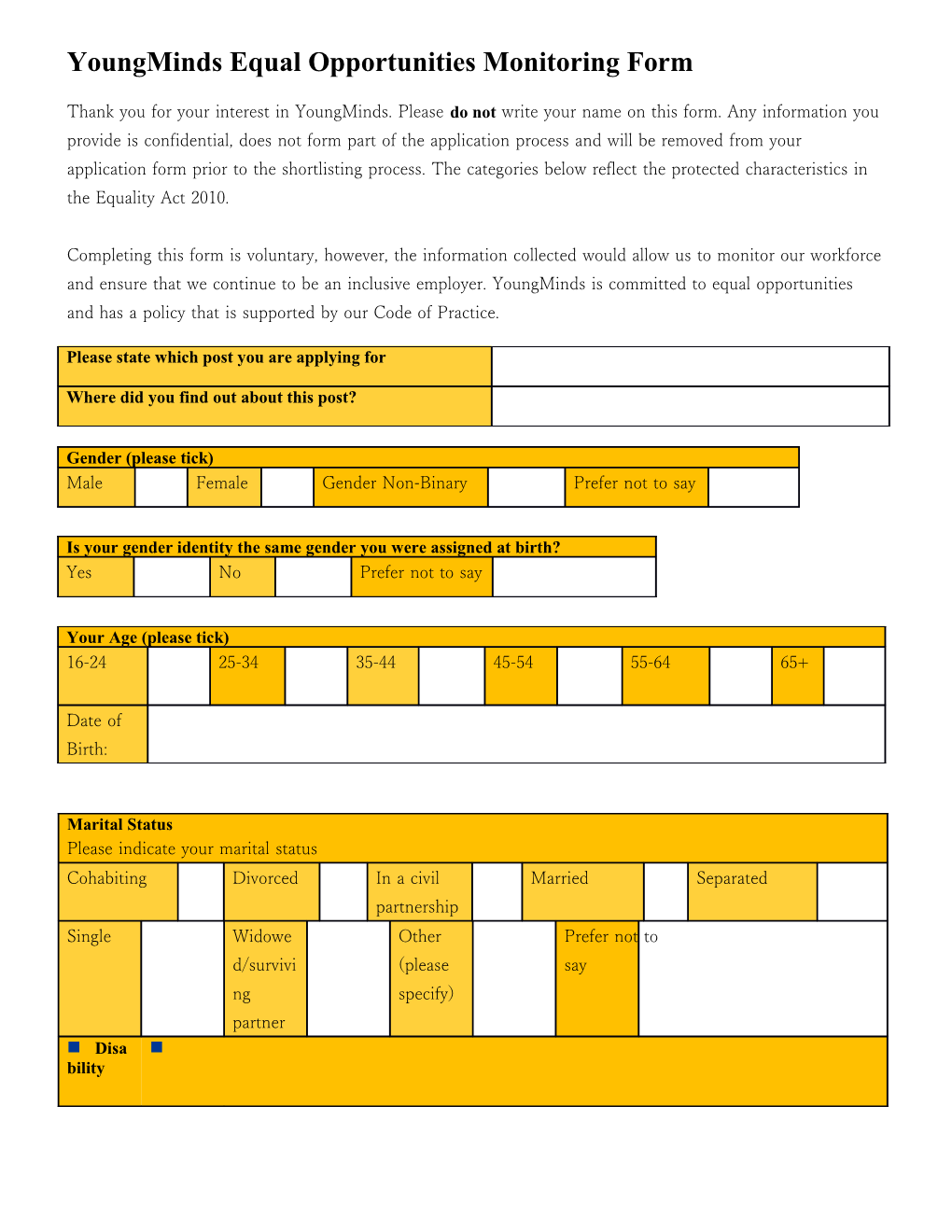 Youngminds Equal Opportunities Monitoring Form