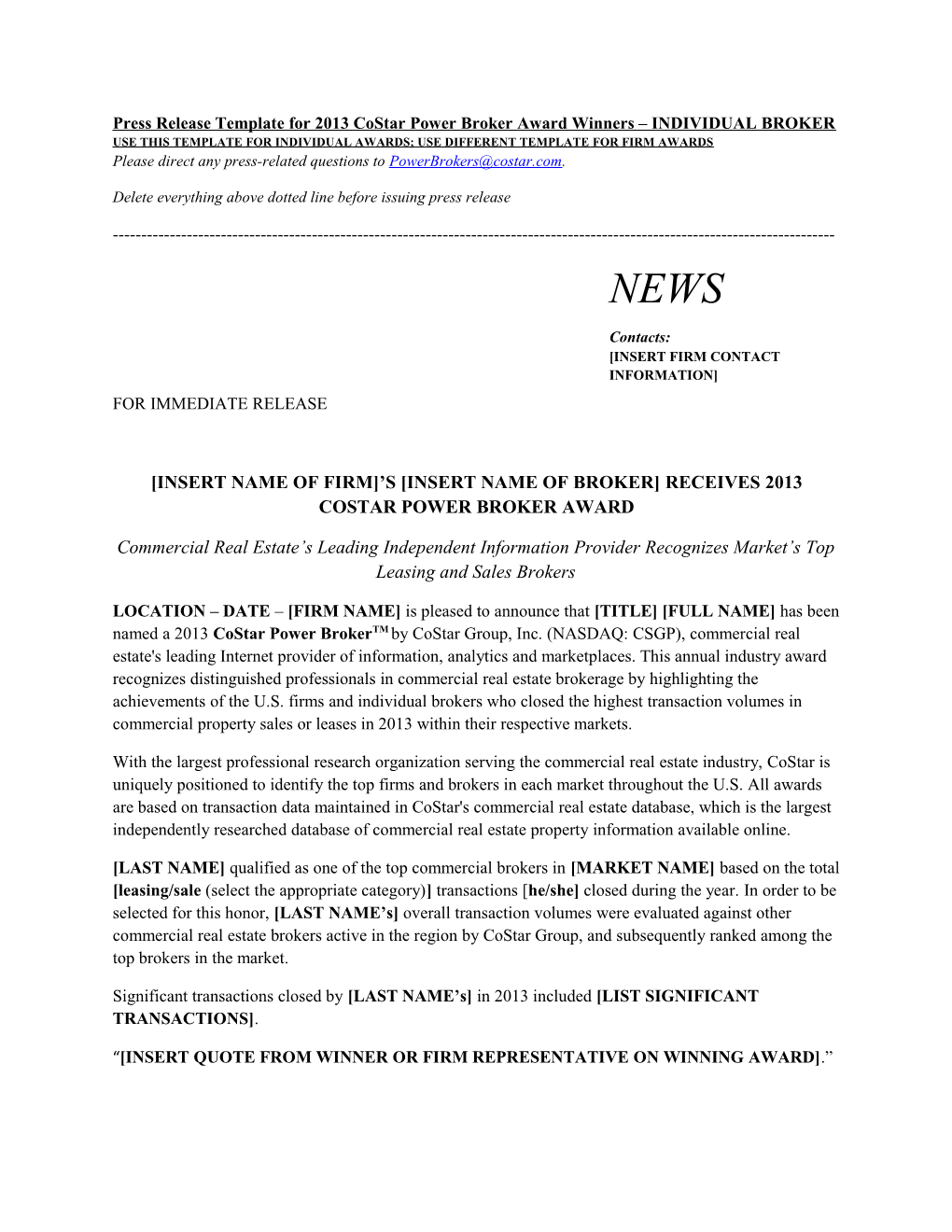 Press Release Template for 2008 Costar Power Broker Award Winners FIRMS