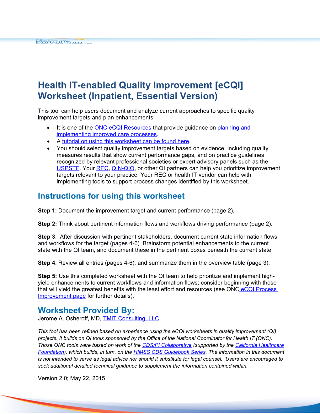 Health IT-Enabled Quality Improvement Ecqi Worksheet (Inpatient, Essential Version)