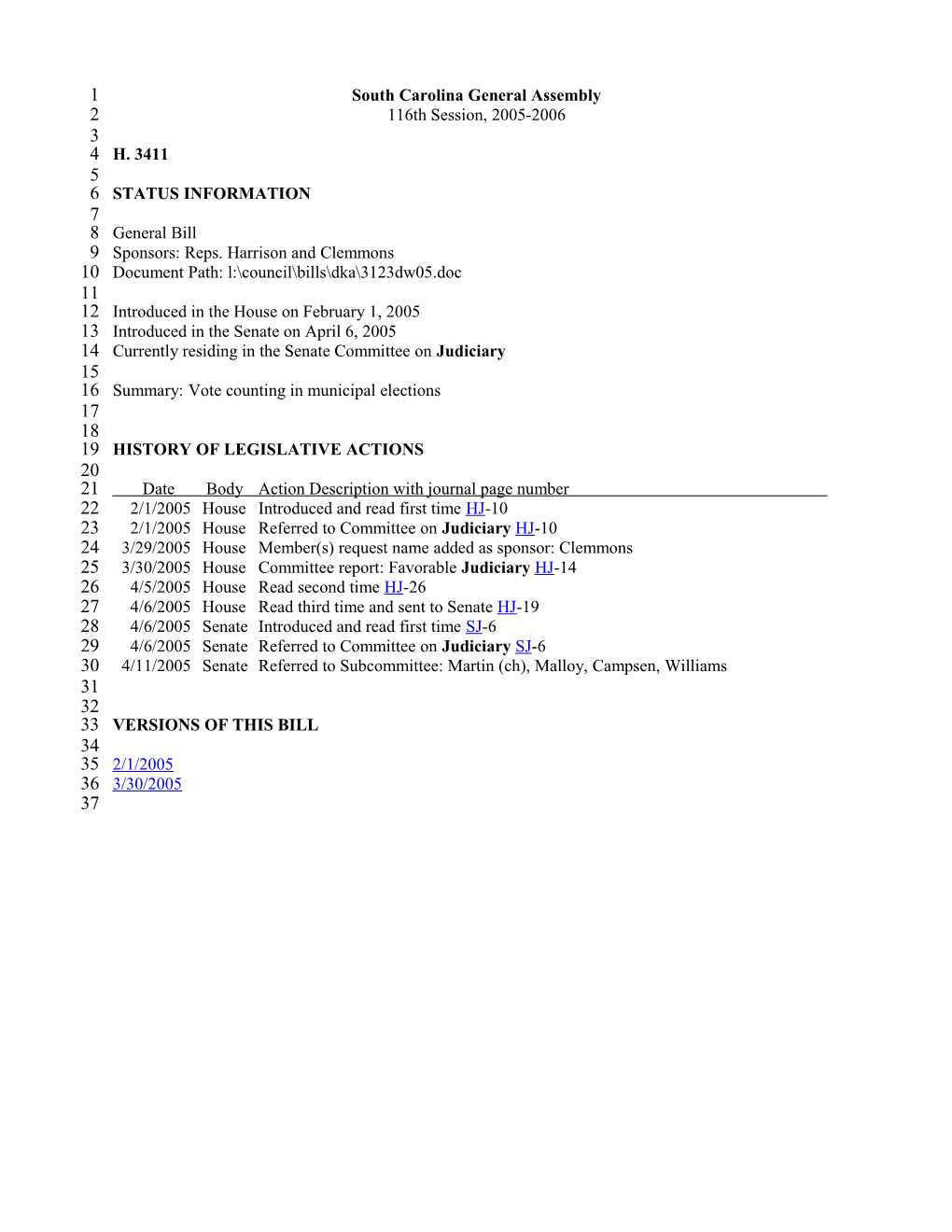 2005-2006 Bill 3411: Vote Counting in Municipal Elections - South Carolina Legislature Online