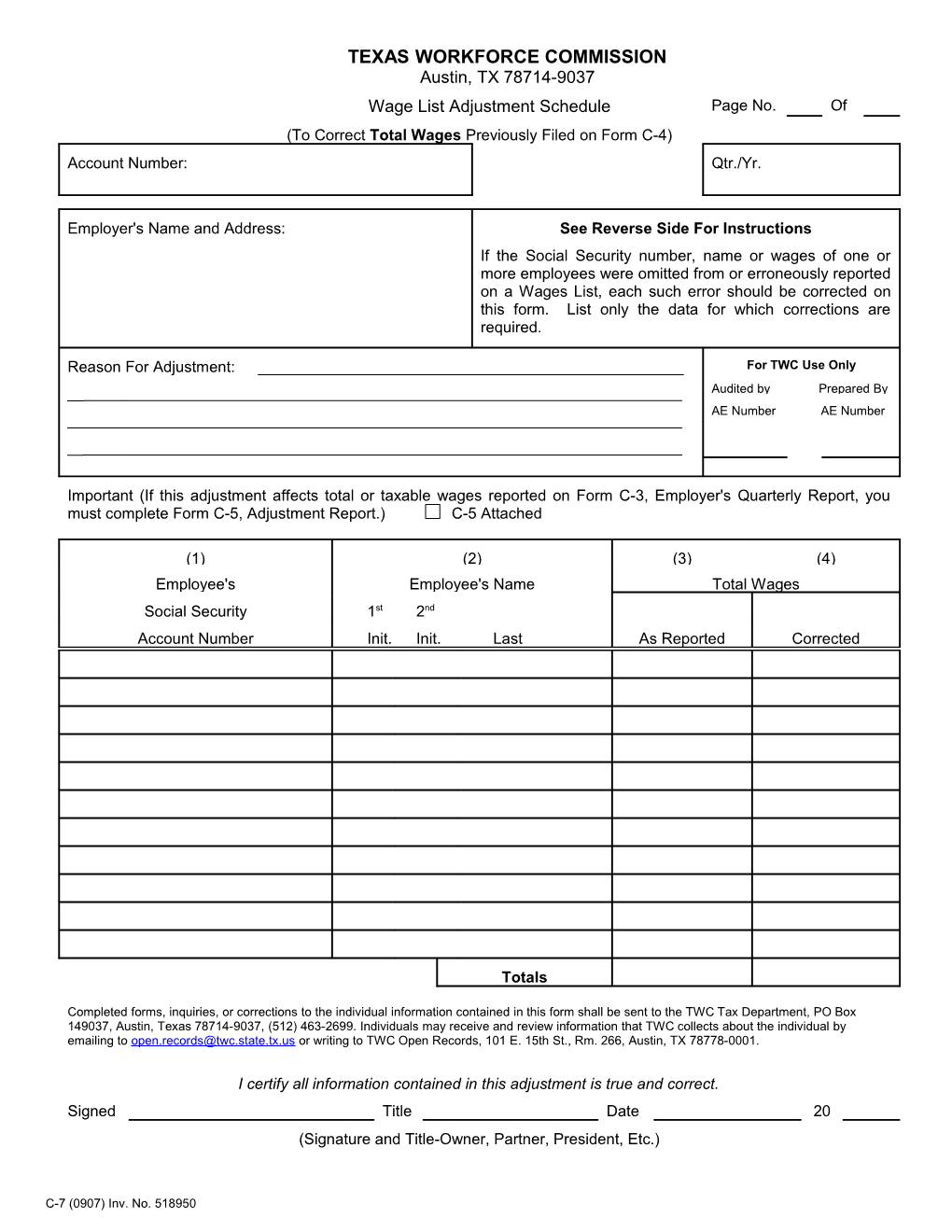 Form C-7: Wage List Adjustment Schedule