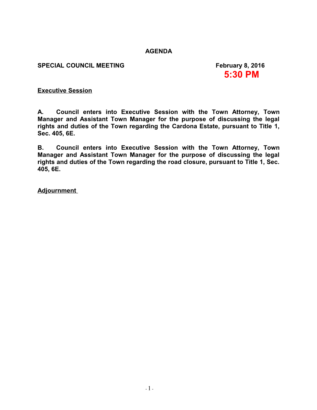 SPECIAL COUNCIL MEETING February 8, 2016