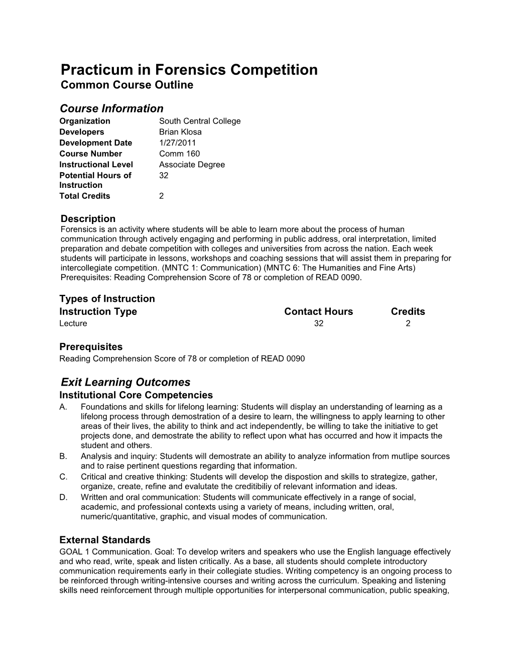 Practicum in Forensics Competition Common Course Outline