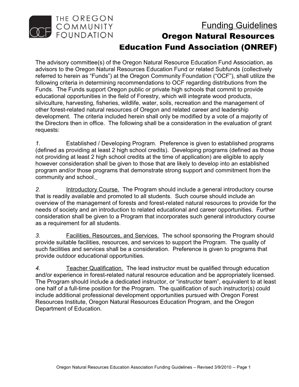 The Oregon Natural Resource Education Association Board, As Advisors to the Oregon Natural