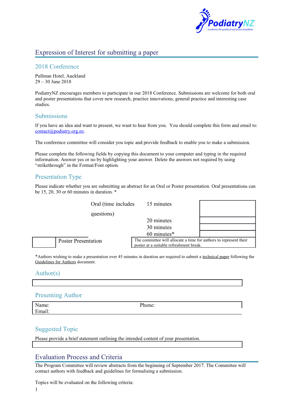 Expression of Interest for Submitting a Paper