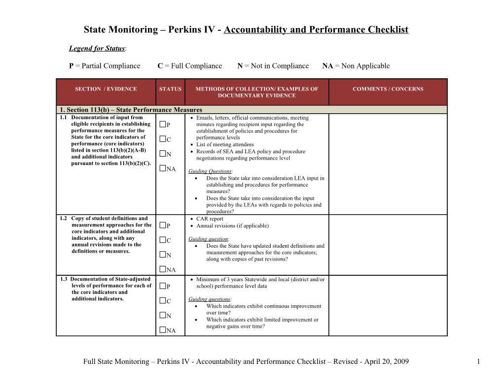 State Monitoring Perkins IV - Accountability and Performance Checklist