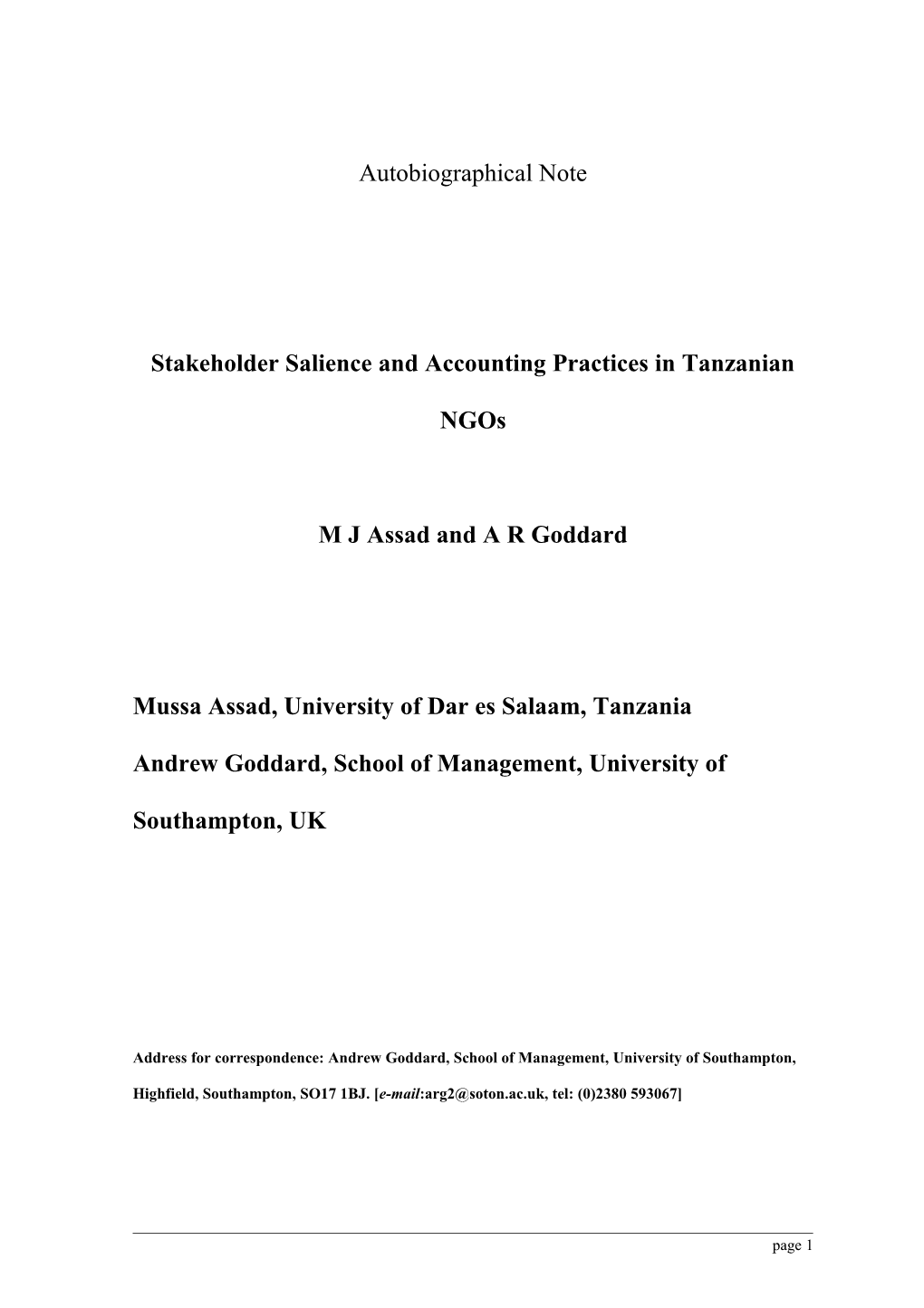 Stakeholder Salience and Accounting Practices in Tanzanian Ngos