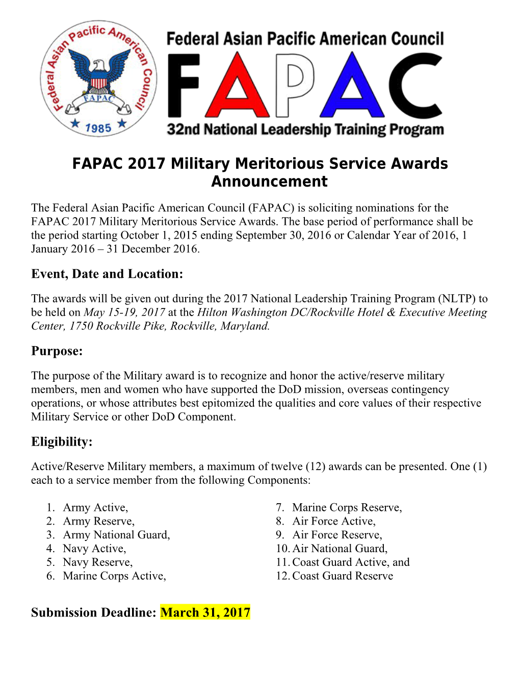 2017 FAPAC Military Awards