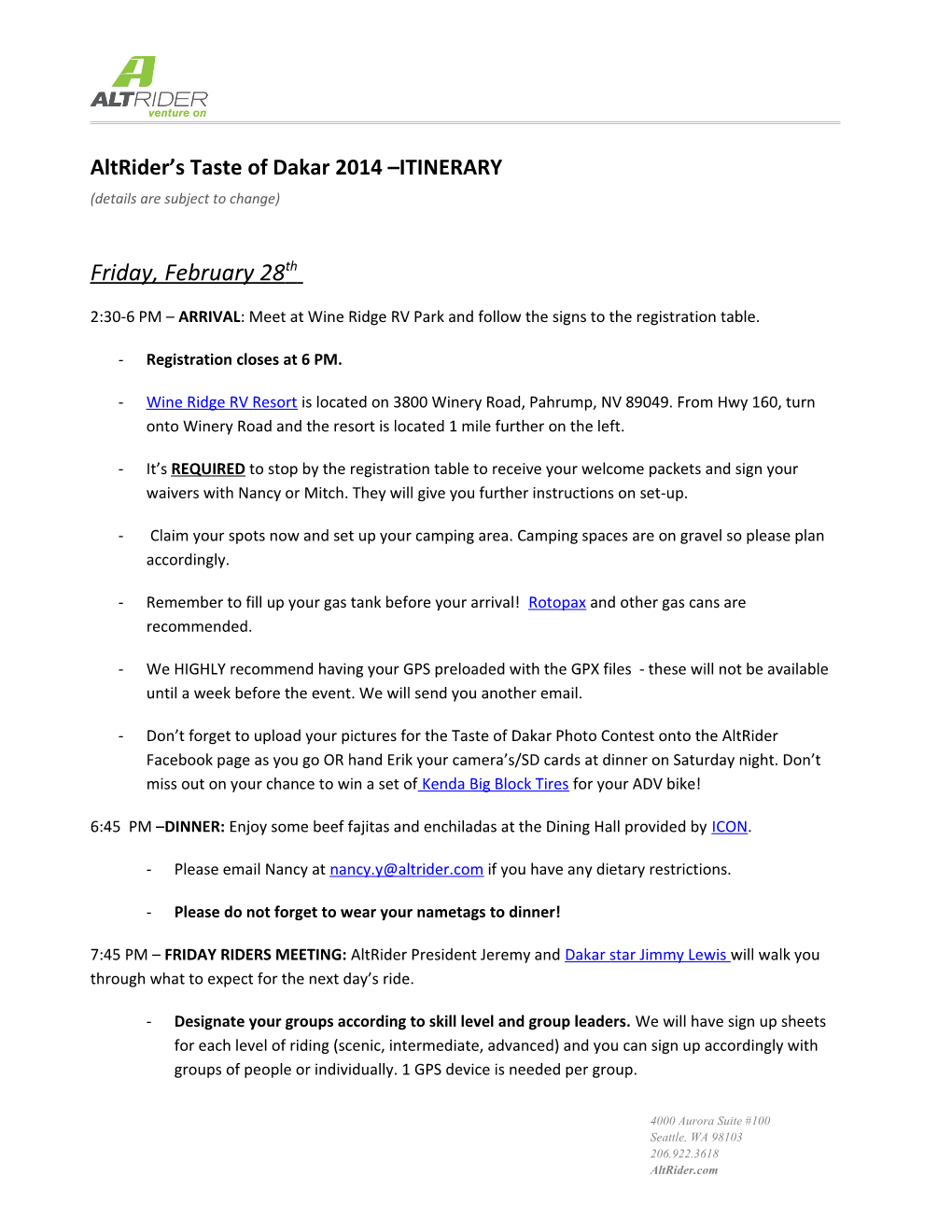 Altrider S Taste of Dakar 2014 ITINERARY