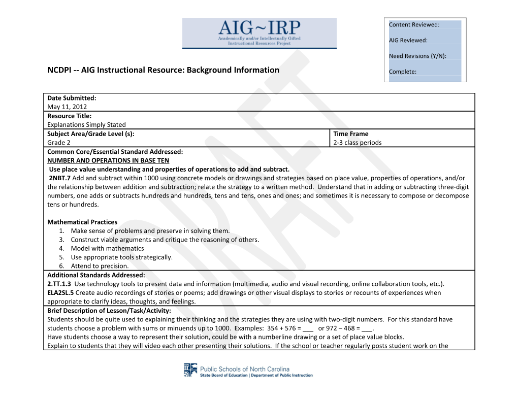 NCDPI AIG Instructional Resource: Background Information s1