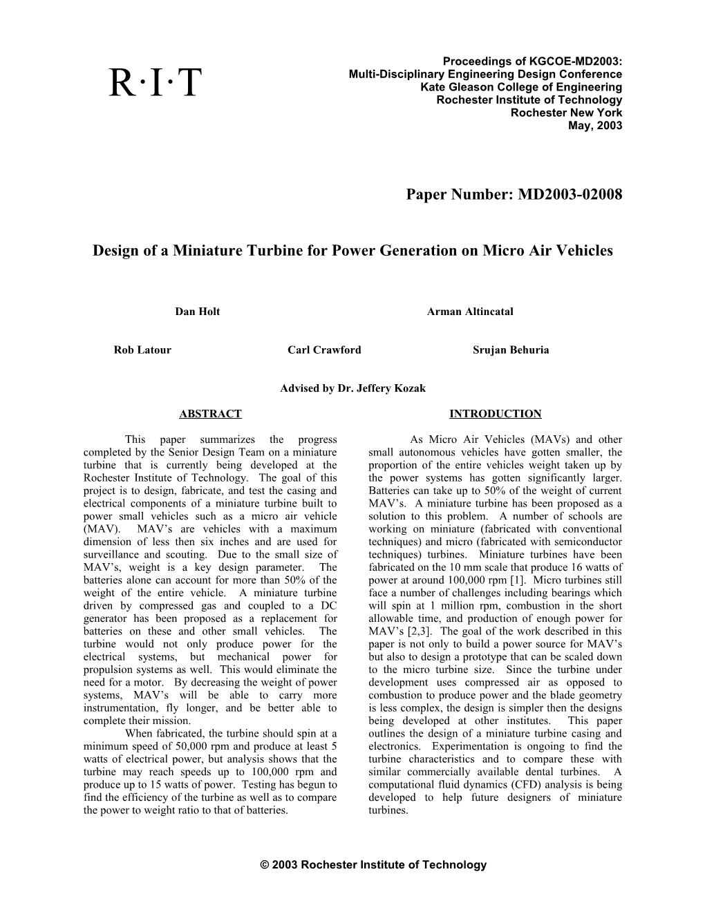 Proceedings of KGCOE-MD2003: Multi-Disciplinary Engineering Design Conference Page 5