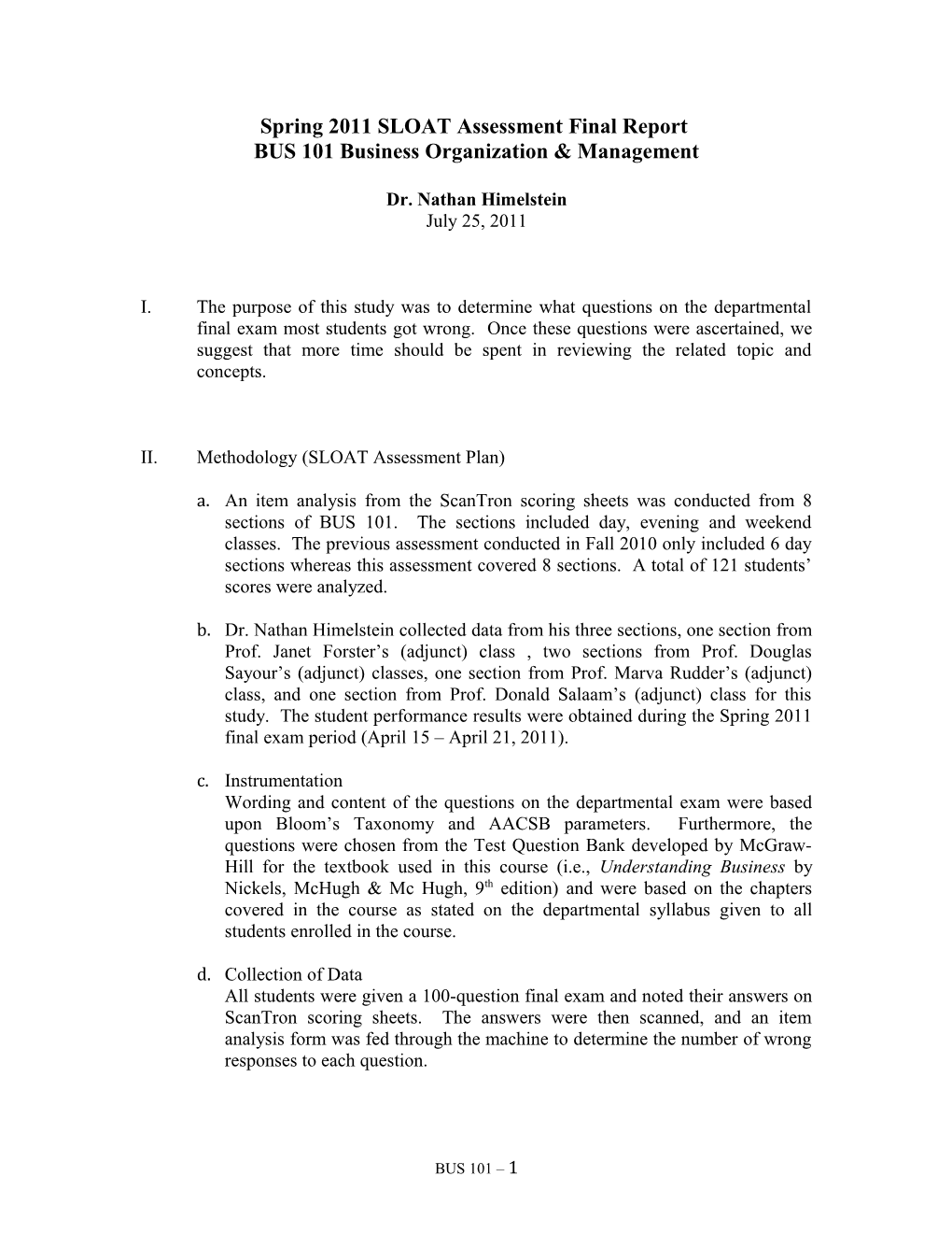 Spring 2011 SLOAT Assessment Final Report