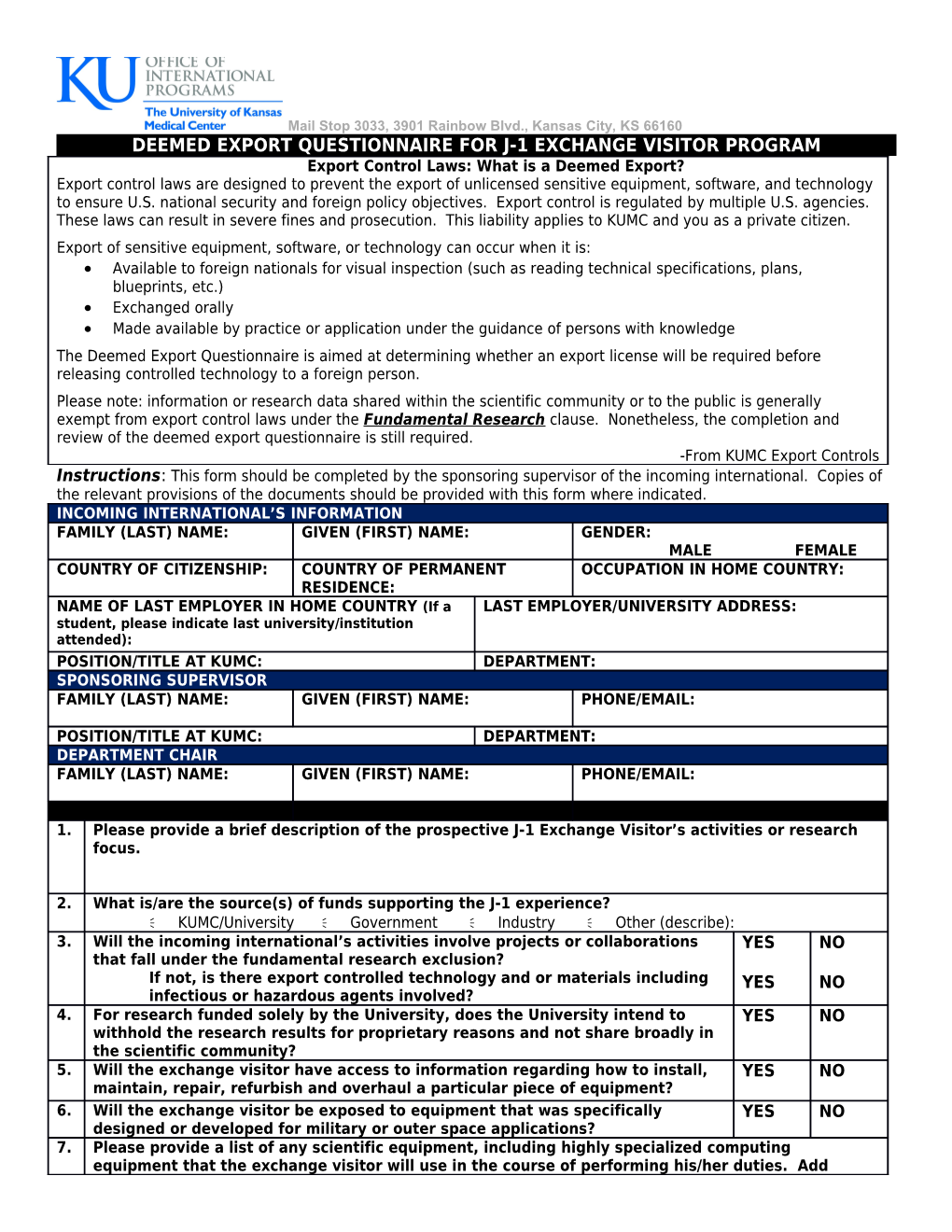 Deemed Export Questionnaire for J-1 Exchange Visitor Program