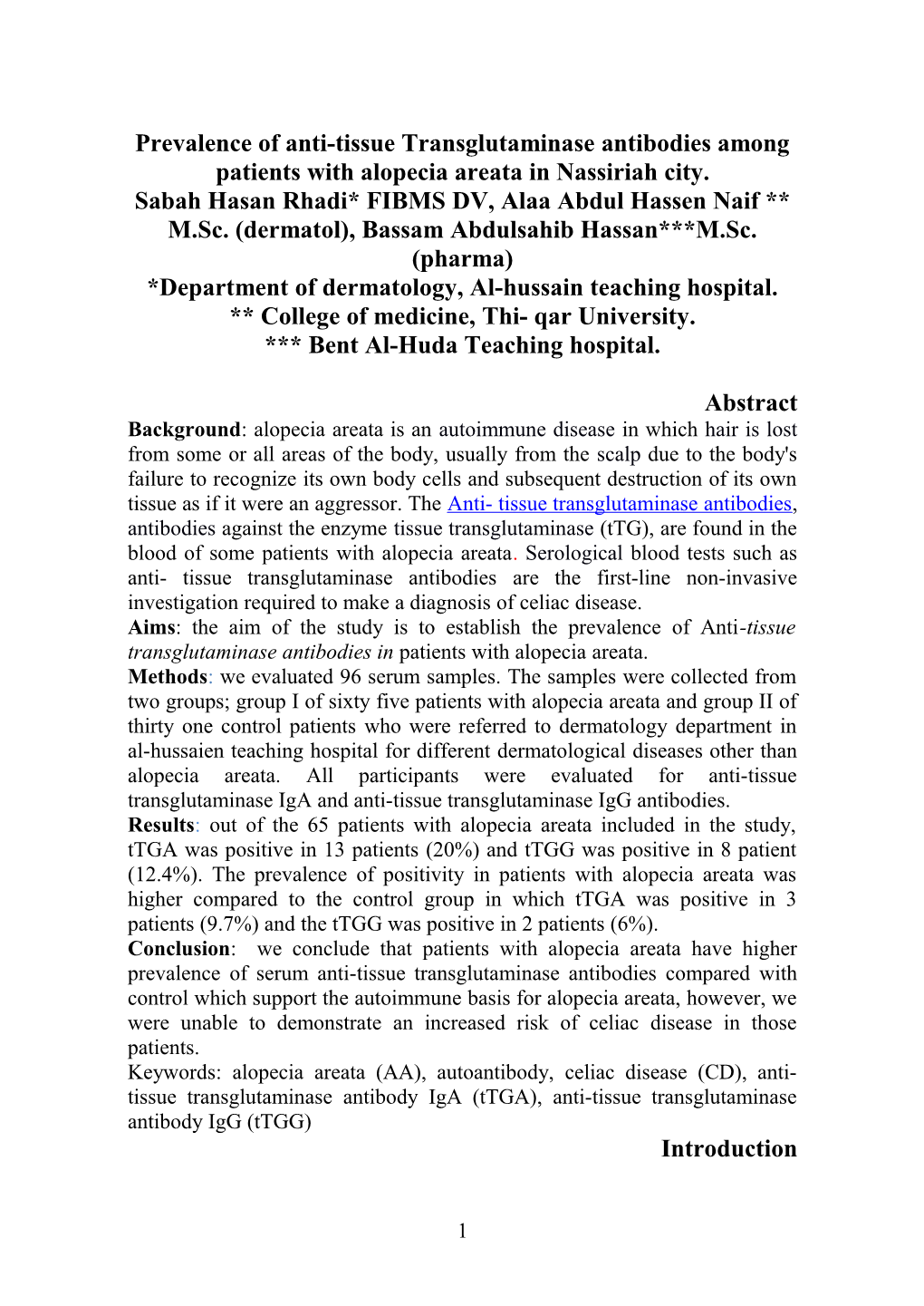 Prevalence of Anti-Tissuetransglutaminase Antibodiesamongpatients with Alopecia Areatain