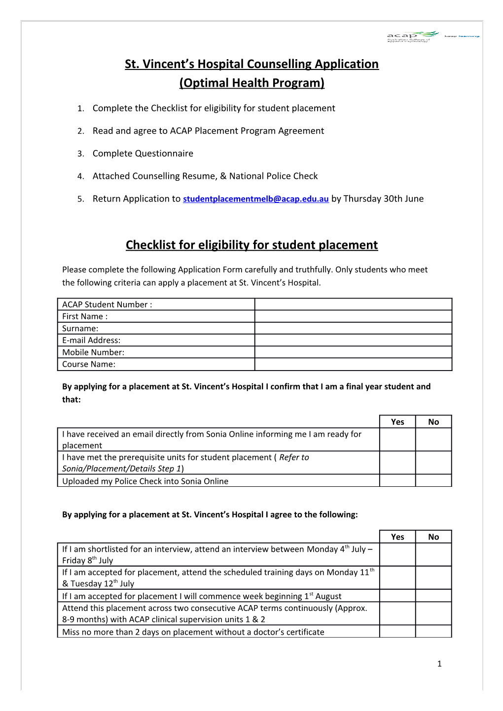 St. Vincent S Hospital Counselling Application (Optimal Health Program)