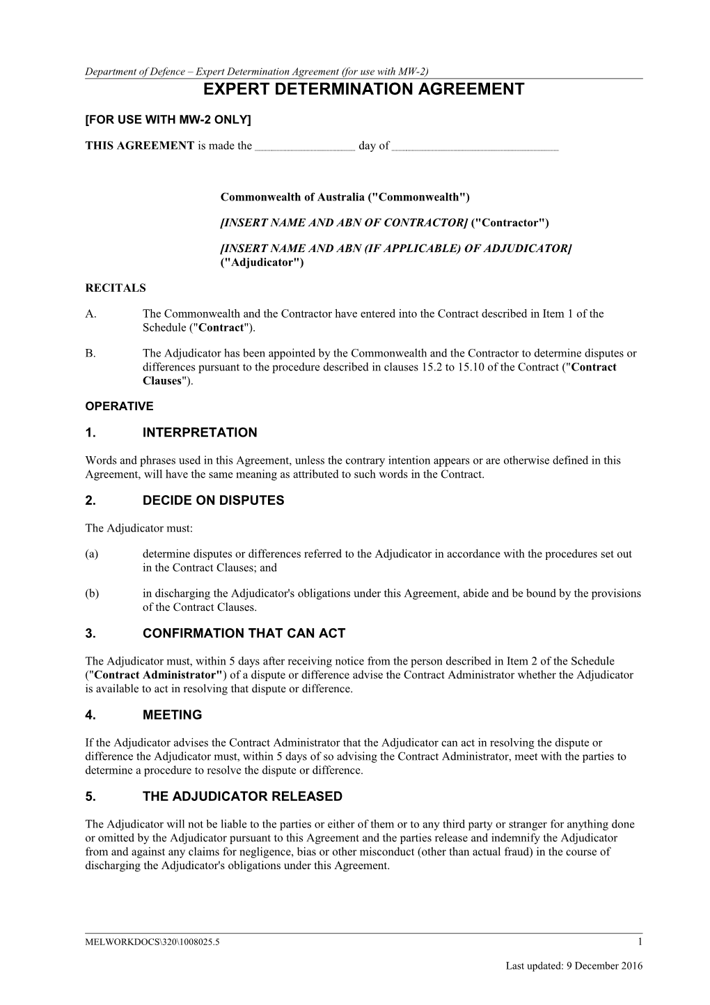 Department of Defence Expert Determination Agreement (For Use with MW-2)