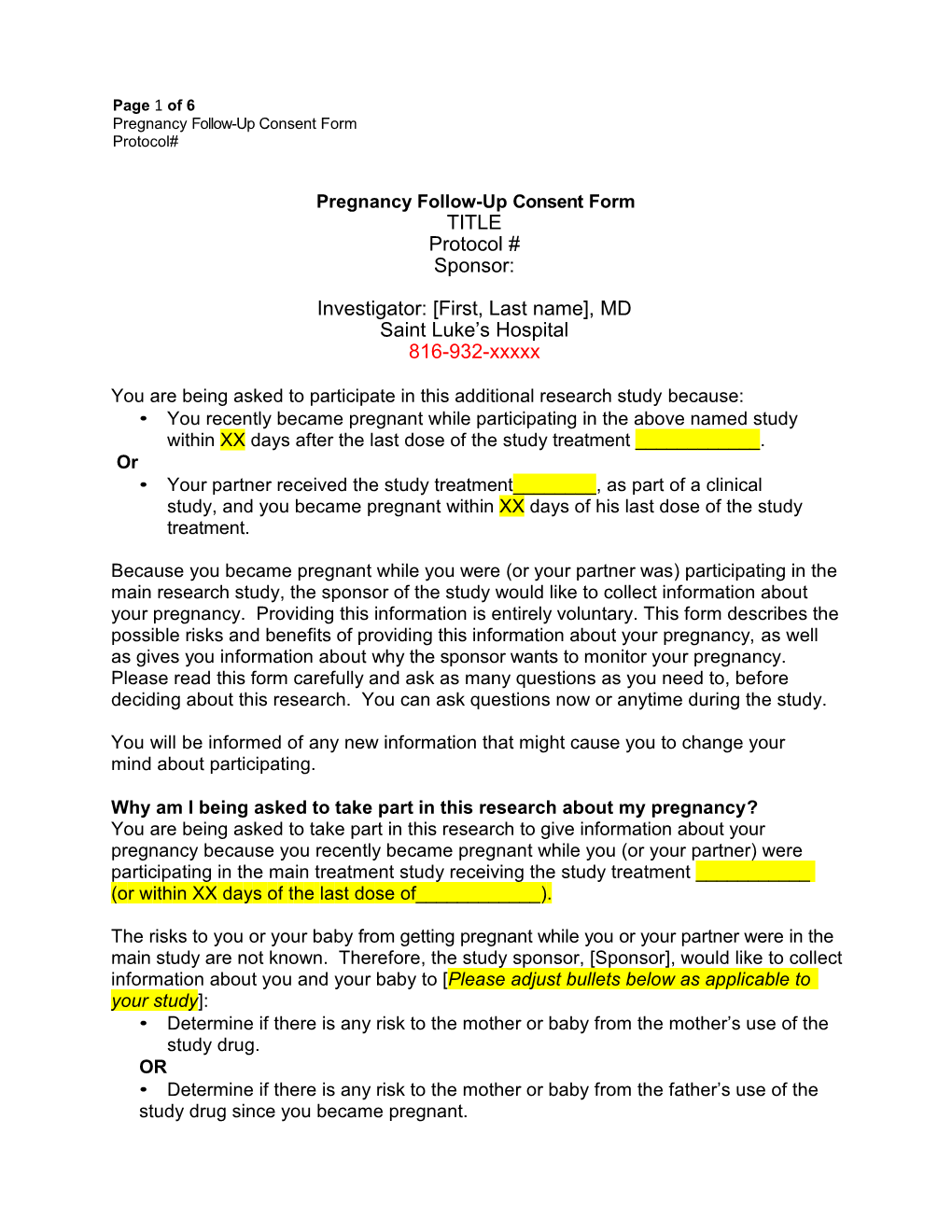 Pregnancy Follow-Up Consent Form