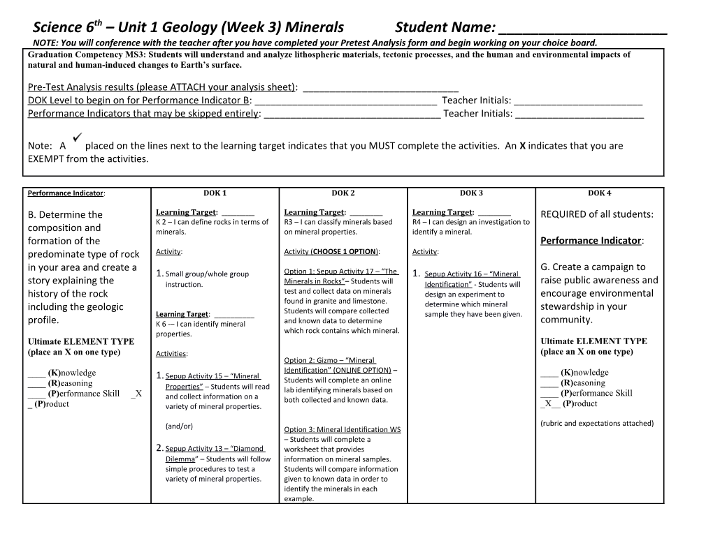 Science 6Th Unit 1 Geology (Week 3) Minerals Student Name: ______