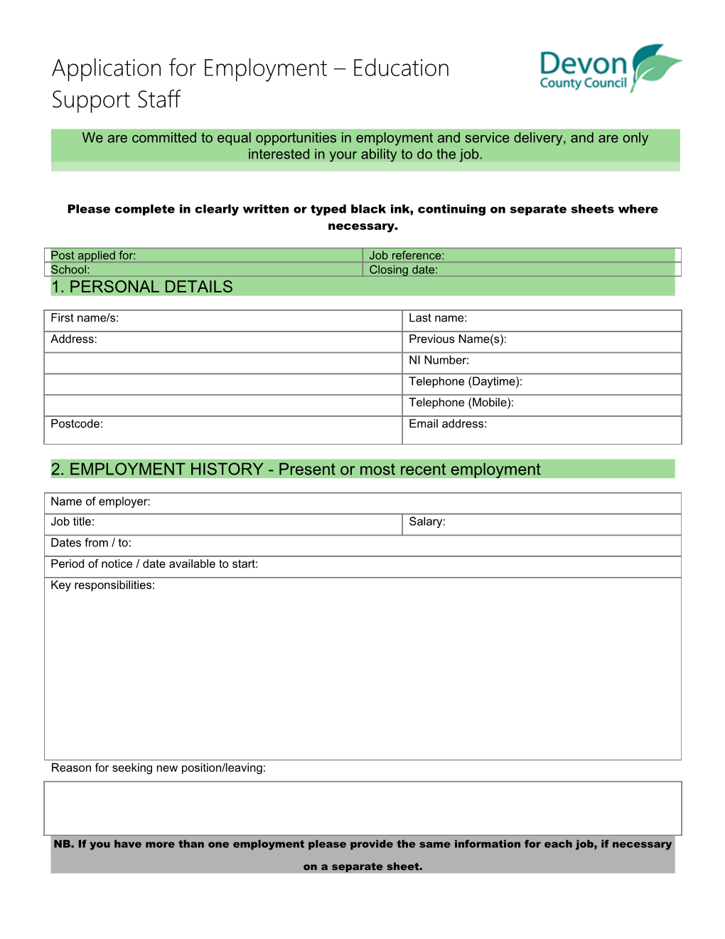 Application Form - Support Staff